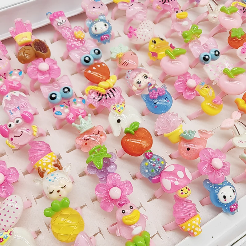 50/100pcs/Lot Factory Mix Style Lovely Child Finger Rings for Children Open Adjust Design Resin Apple Cute Rabbit Ice Cream Kids 6