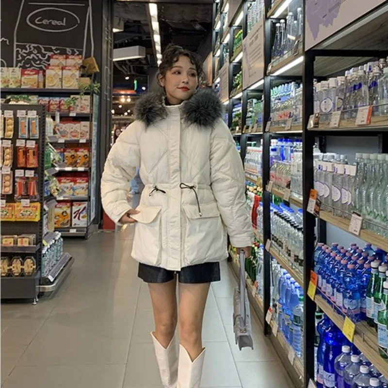 Large artificial raccoon fur collar hooded winter down jacket Women's duck down insulation Women's genuine leather long snowcoat