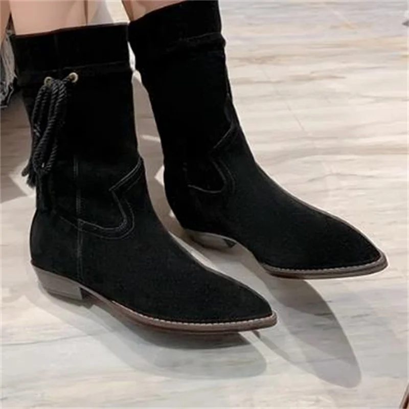 

Tassel Shoes for Women Pointed Toes Ladies Churry Mid Heels Pleated Zapatos Velvet Chassure Femme Solid Boots Sewing Lines Botas