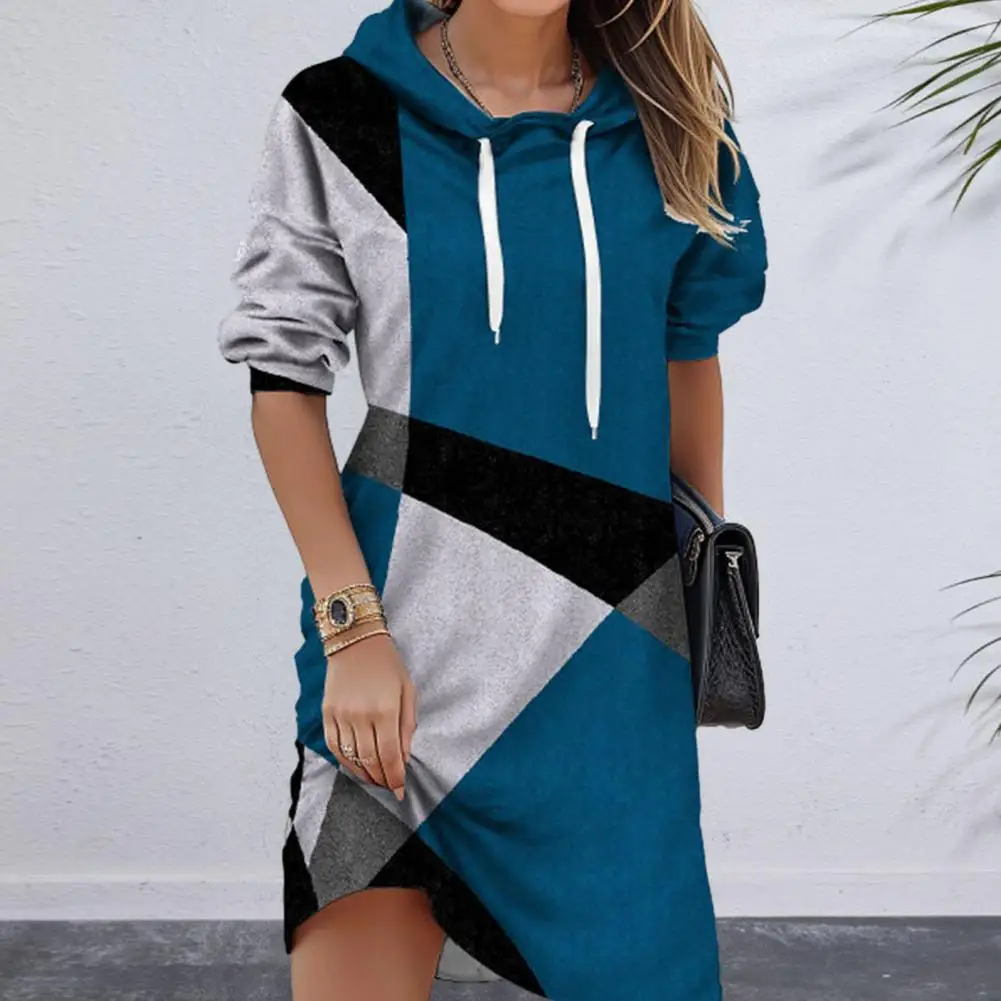 

Women Loose Dress Colorblock Hooded Drawstring Women's Mini Dress for Fall Winter Casual Style Long Sleeve Sweatshirt Dress