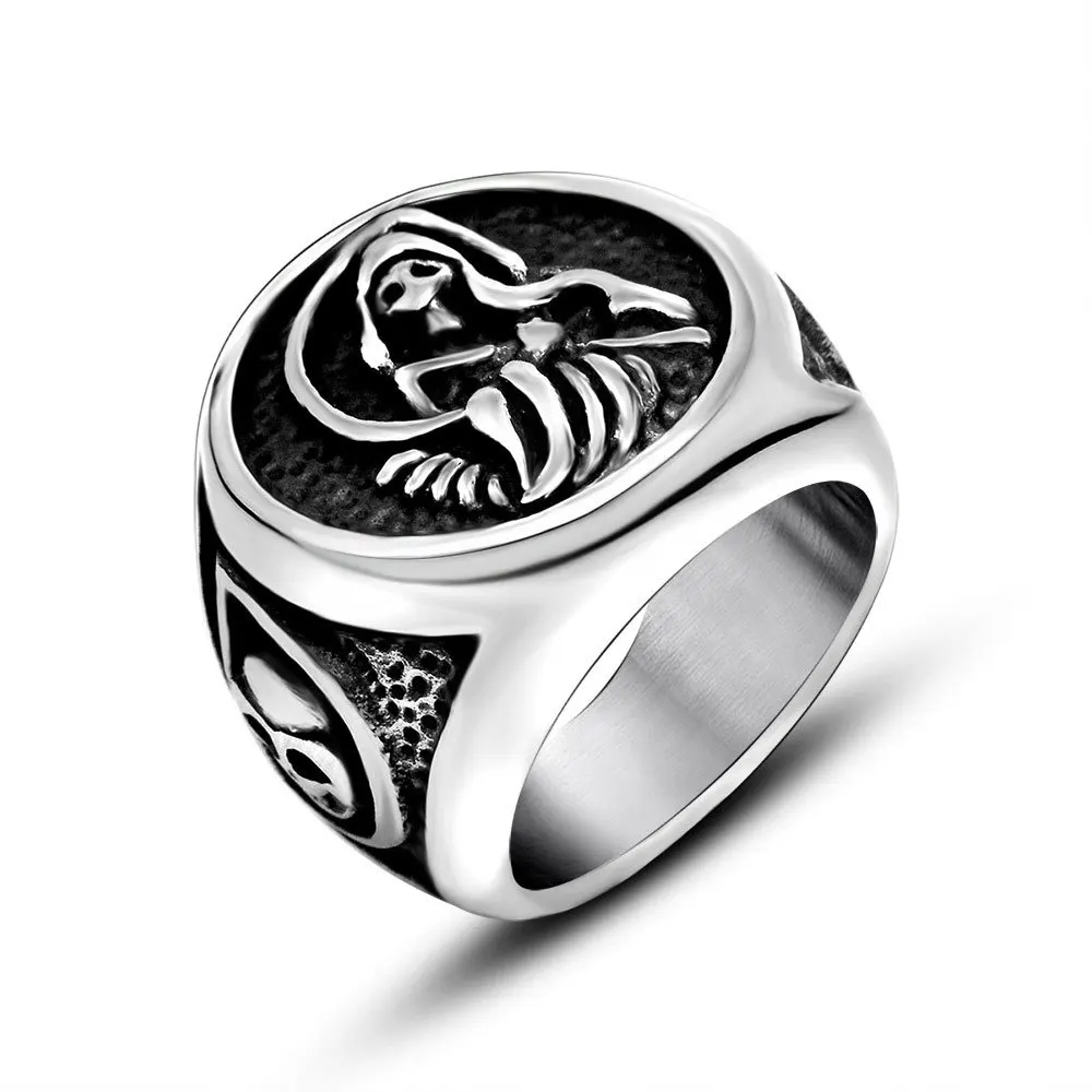 

Megin D Stainless Steel Titanium God of Death Skull Ins Round Punk Vintage Rings for Men Women Couple Friends Gift Jewelry Bague