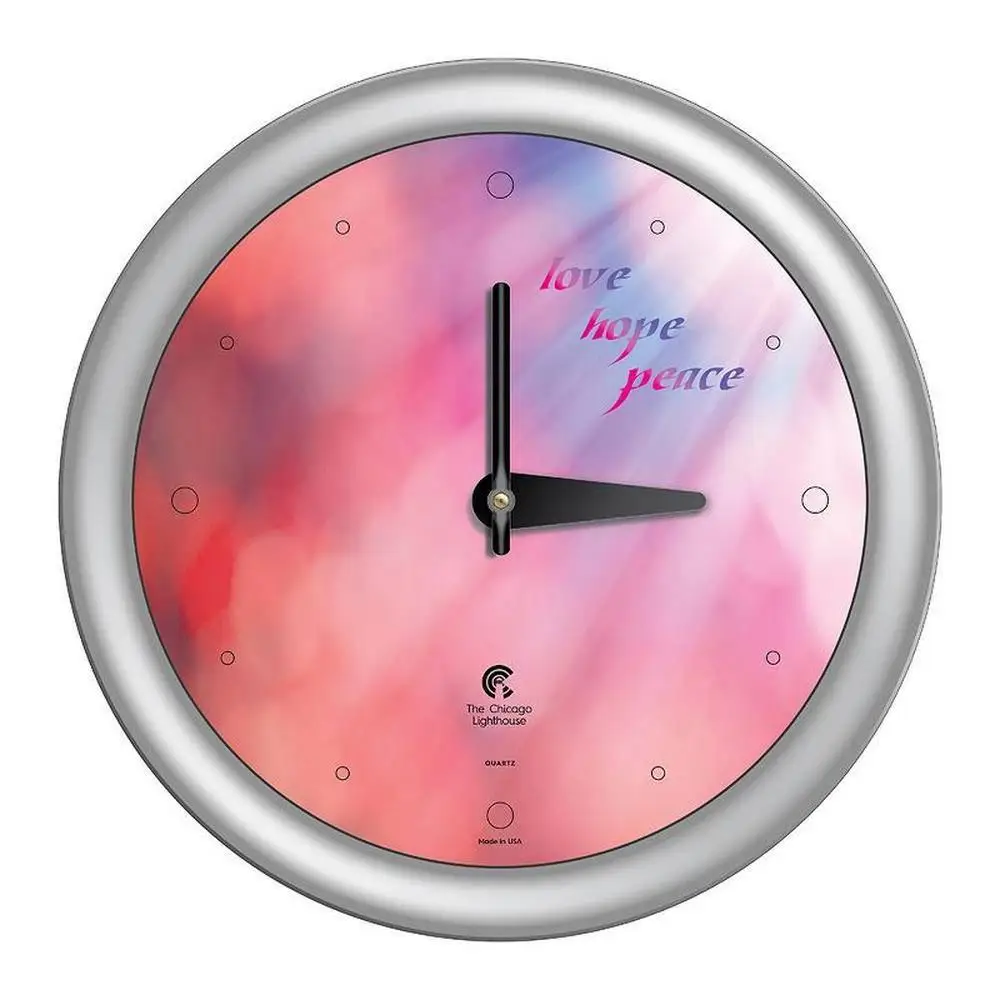 

14" USA-Made Round Peace Love Hope And Colorful Sunlight Wall Clock Eco-Friendly Quartz Movement Silver Frame By Chicago