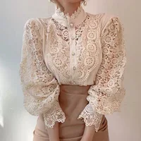 Vintage Solid White Lace Blouse Shirts Women New Korean Button Loose Shirt Tops Female Hollow Casual Ladies Blouses Blusas 1