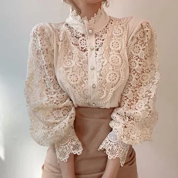 Vintage Solid White Lace Blouse Shirts Women New Korean Button Loose Shirt Tops Female Hollow Casual Ladies Blouses Blusas 1