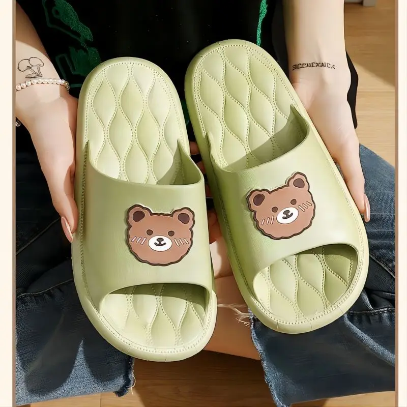 

New Summer Women Soft Sole Home Bathroom Eva Slippers Cute Cookie Bear Printed Top Beach Slippers Shoes Couples Outdoor Slides