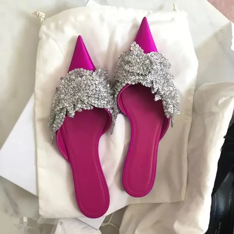 2023 New European and American Sequin Muller Baotou Sandals Women's Pointed Flat Bottom Diamond Flower Slippers