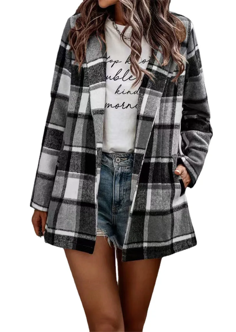 Autumn/Winter 2023 Women's Loose Plaid Print Long Sleeve Pocket Woolen Coat Cardigan Top Female Lady Casual Jackets