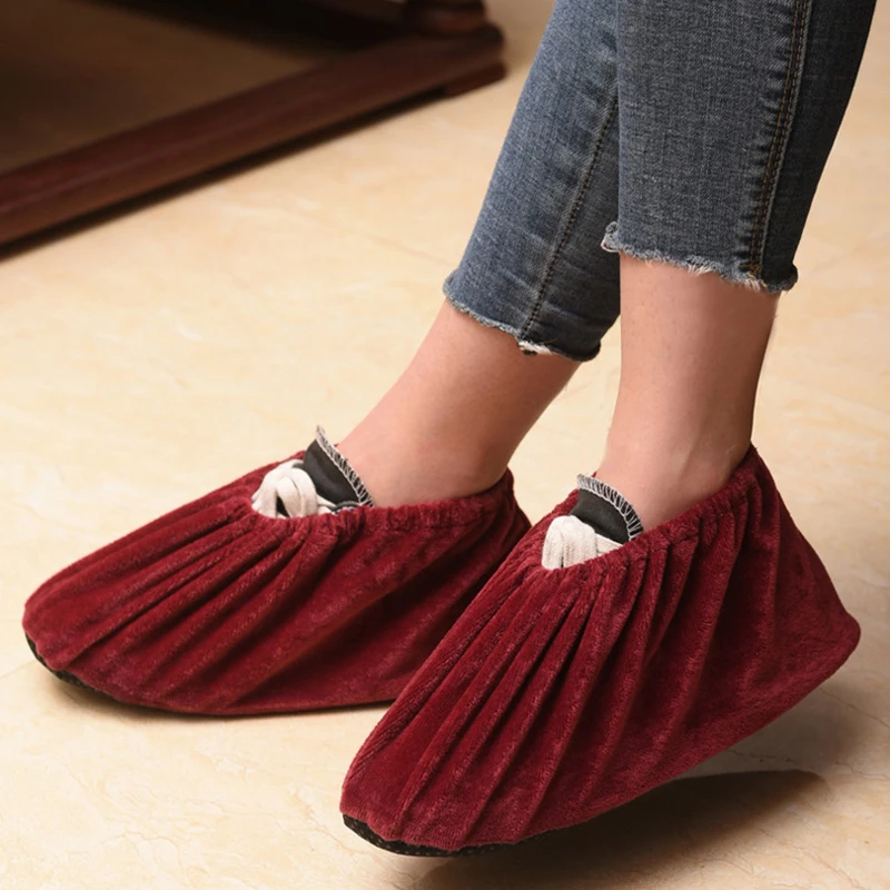 Reusable Flannel Shoes Covers 1 Pair Portable Unisex Non-slip Washable Dustproof Home Indoor Antiskid Guests Shoes Cover