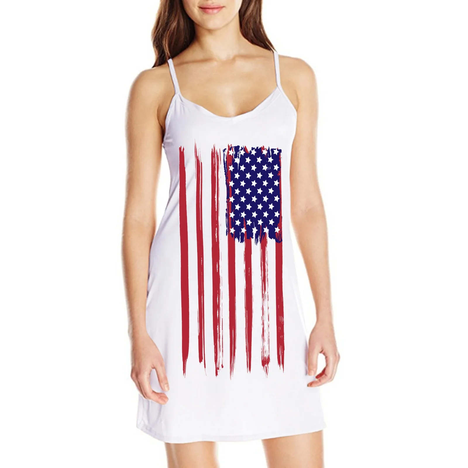 

Independence Day Slings Casual Dress For Women Summer Sexy Tie-Dye Sleeveless Vestidos Memorial National Flag Ropa De Mujer 2024