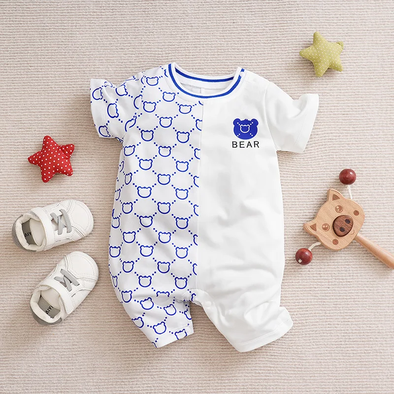 Baby Rompers Cotton Jumpsuit Baby Jumpsuit Newborn Clothes Cute Cartoon Patchwork Teddy Bear Comfortable And Soft Summer Boys And Girls 0-18 Short Sleeved Baby Jumpsuit