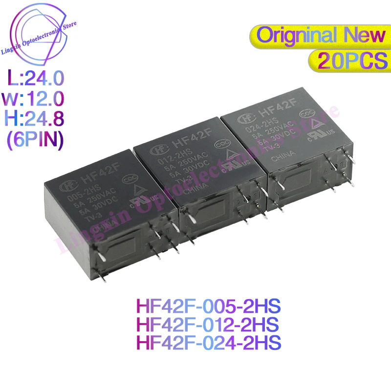 Free-shipping-20Pcs-HF42F-005-012-024-2HS-5A-6Pin-250VAC-relay-5V-12V ...
