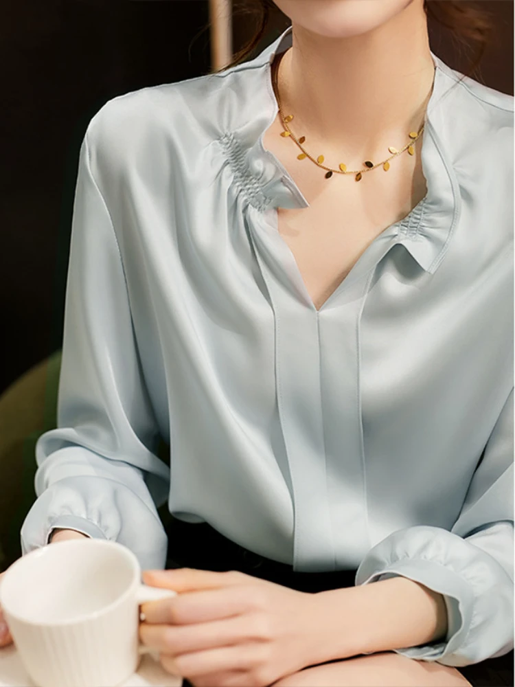 

Blouse Satin Spring Summer 2023 New V-neck Chic and Elegant Shirt Women Outifits Long Sleeve Tops Casual Fashion Office Lady