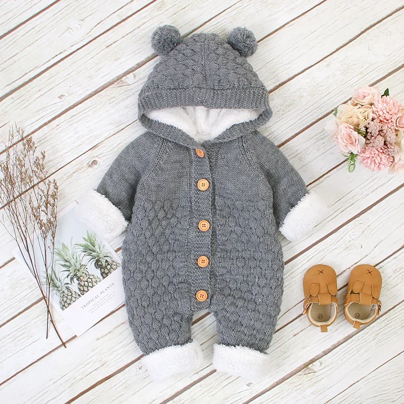 

Baby Romper Long Sleeve Winter Warm Knit Newborn Infant Fleece Jumpsuit Toddler Boy Girl Clothes Outfit Fashion Hooded Cute Ears