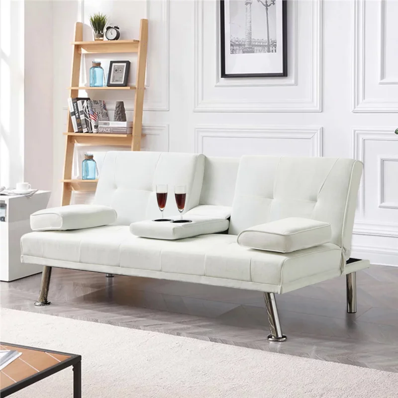 

Modern Velvet Fabric Futon with Cupholders and Pillows, Beige Velvet