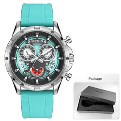 Men's Sport Chronograph Watch with Luminous Hands and White Silicone Strap (Light blue - Box)