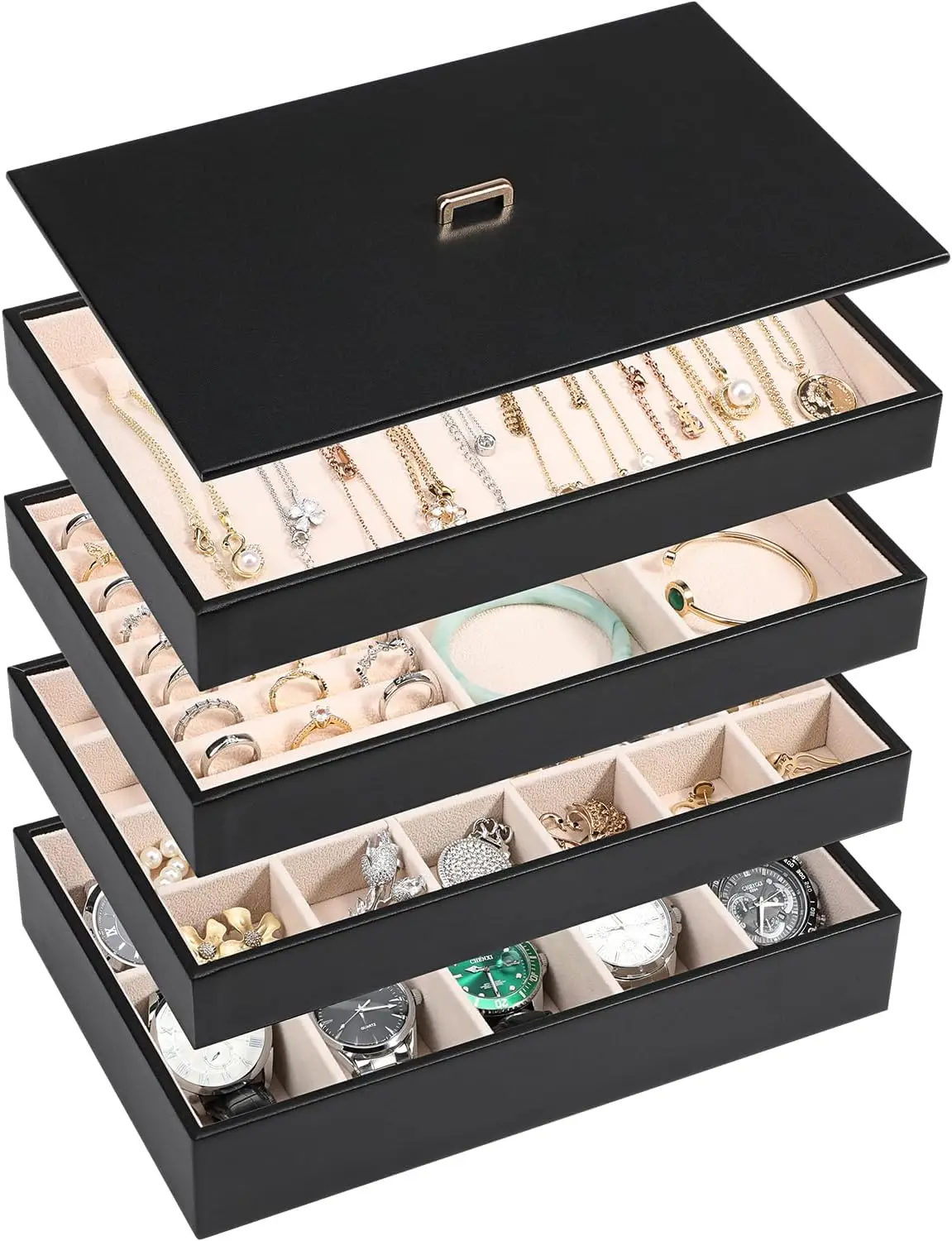 Stackable Jewelry Organizer Tray with Lid, Pu Leather Jewelry Storage Holder for Drawer Inserts, Jewelry Display Box