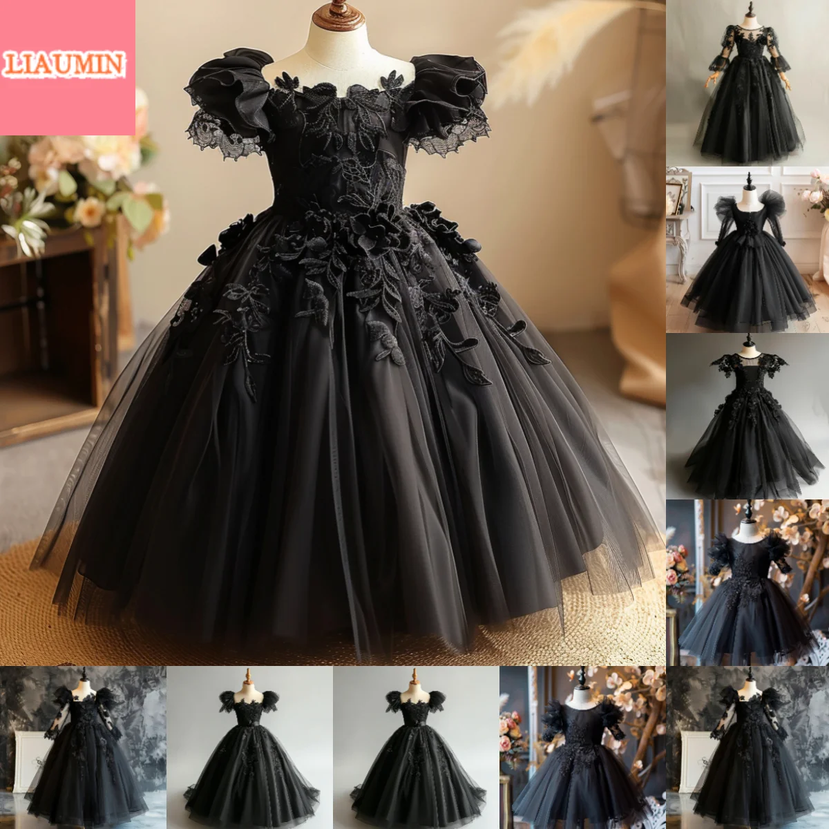 

Cute Black Tulle Lace Applique O Neck Full Length Flower Girl Dresses Brithday Party Princess First Communion Skirt Custom W9-22