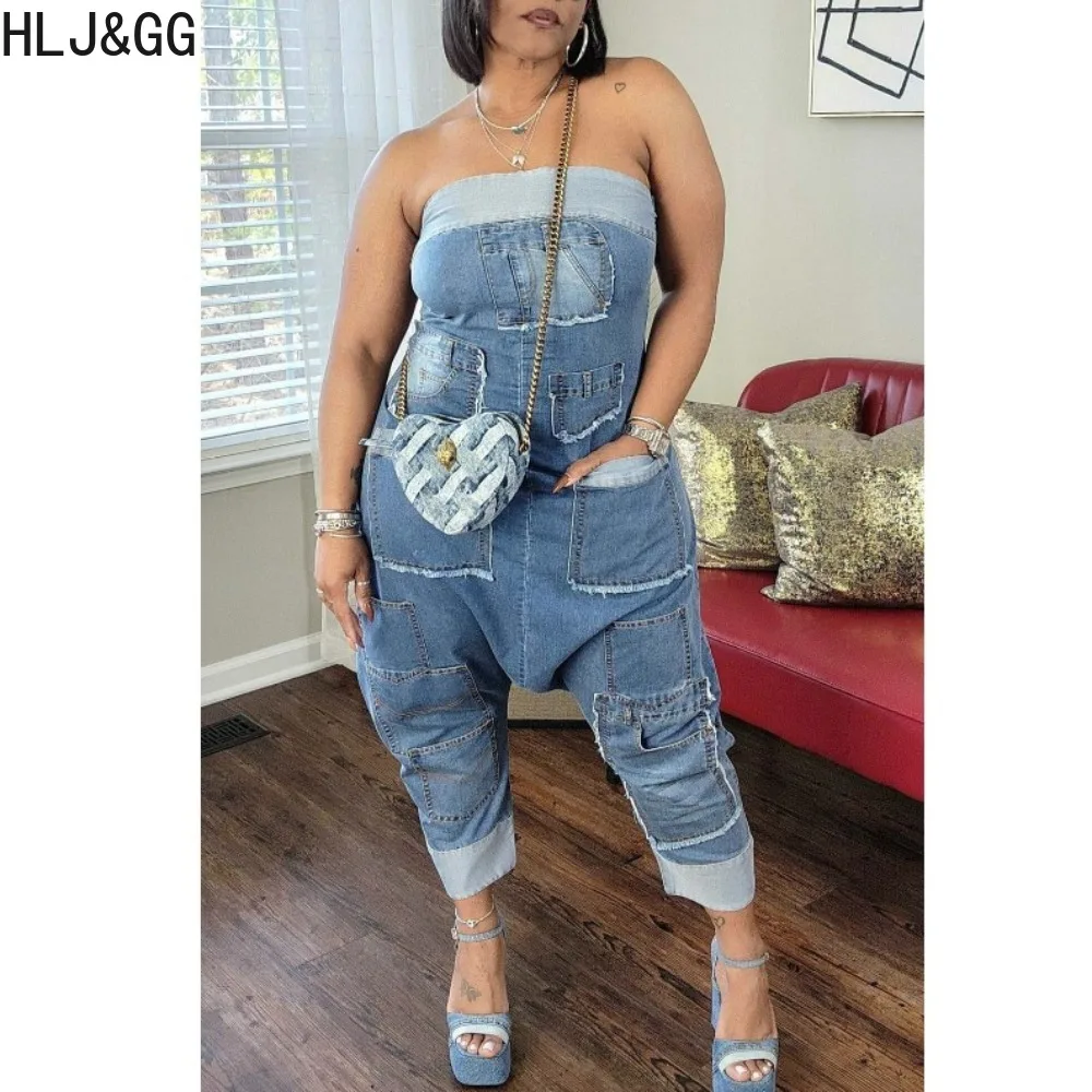 

HLJ&GG Fashion Denim Splicing Pocket Cargo Pants Tube Jumpsuits Women Sleeveless Backless Loose Playsuits Female Cowboy Overalls