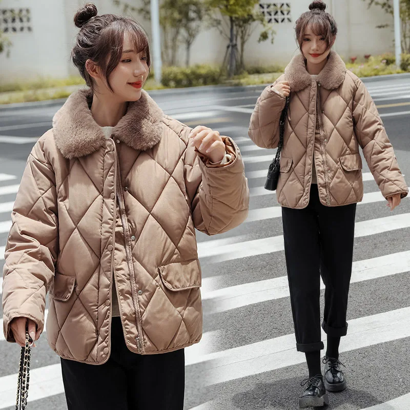 

Fdfklak Winter 2023 New Korean Fashion Lapel Loose Short Cotton Quilted Jacket Lingge Zipper Jacket Women Wadded Overcoat