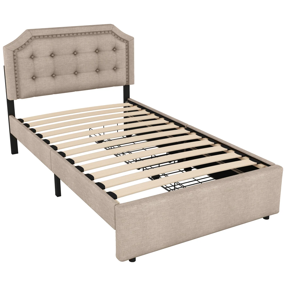 Elegantes gepolstertes Flachbett 90 x 200 cm – hellbeiges Bett mit Nietenverzierung, 2 Schubladen mit Stauraum, platzsparende Schlafzimmermöbel – Detail 21