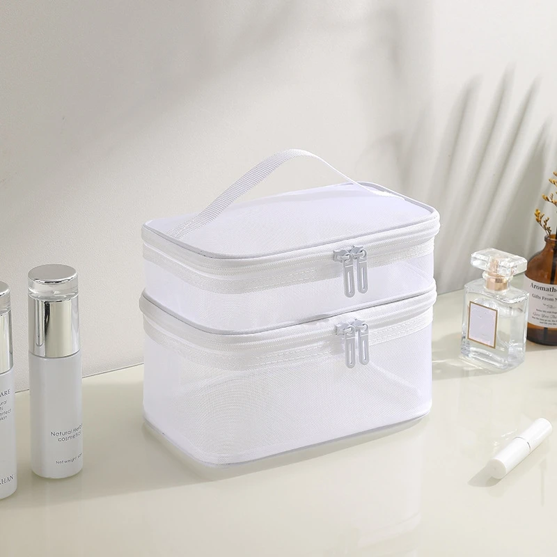 Grey Double Layer Mesh Cosmetic Bag Women Portable Make Up Case Big Capacity Travel Zipper Makeup Organizer Toiletry Storage Box 3