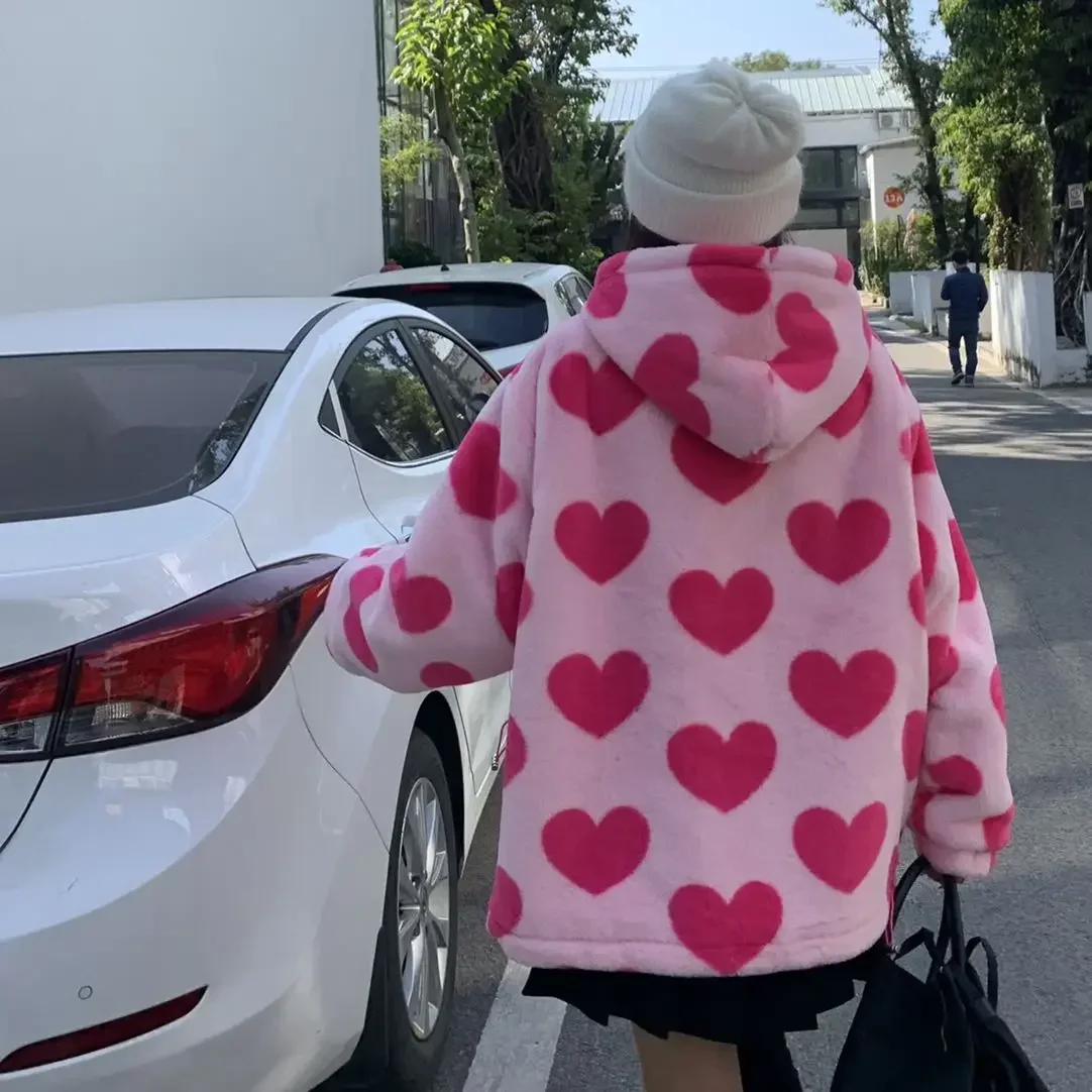 Harajuku Heart-shaped Print Plush Jacket Women Winter 2024 Korean Long Sleeve Hooded Coat Thick Warm Couple Streetwear Outerwear 4