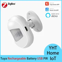 Tuya Smart ZigBee Rechargeable USB Power Supply PIR Motion Detector Human Body Sensor Alarm APP Control Alexa Battery Built-in