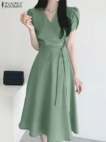 Women Stylish Solid Midi Dresses 2025 ZANZEA Summer Elegant OL Work Sundress Fashion V Neck Short Sleeve A Line Party Vestidos