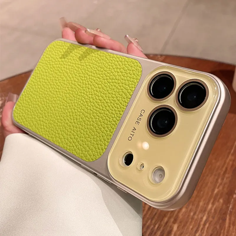 Deluxe Lychee Leather Textured Phone Case with Lens Protection and Shockproof Bumper