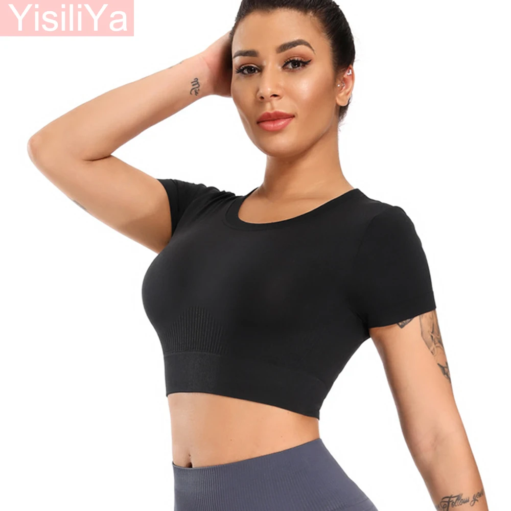 

Топы для йоги женские спортивные футболки для бега тренажерного зала быстросохнущие бесшовные трикотажные Стрейчевые спортивные футболки с коротким рукавом тренировочный шлейф