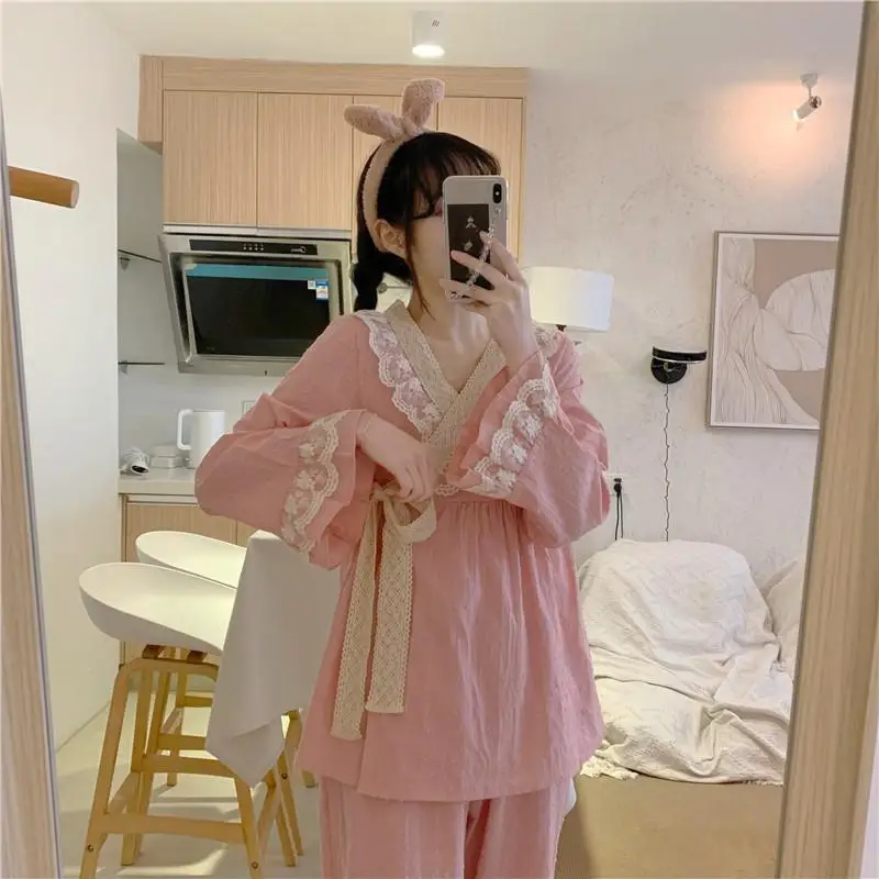 Loose Large Size 150.00kg Wearable Pajamas Autumn New Women Nightclothes Female Casual V-neck Long Sleeve Homewear Suit 2024