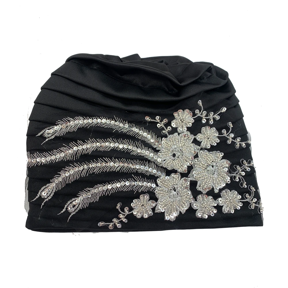 럭셔리 자수 구슬 여성을위한 Pleated Turban 모자 아프리카 여성 랩 헤드 보닛 이슬람 Turban 모자 레이디 헤드 랩
