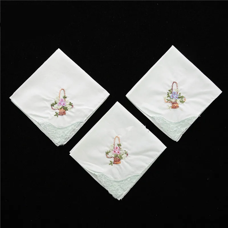 3Pcs 28x28cm 100% Cotton Women Hankies Embroidered Lace Flower Hanky Floral Cloth Ladies Handkerchief Wedding Gift