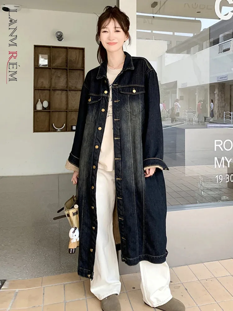 

LANMREM Vintage Winter Lamb Fur Long Denim Coat Lapel Single Breasted Windbreaker Fashion 2023 Female New Clothing 2AA3812