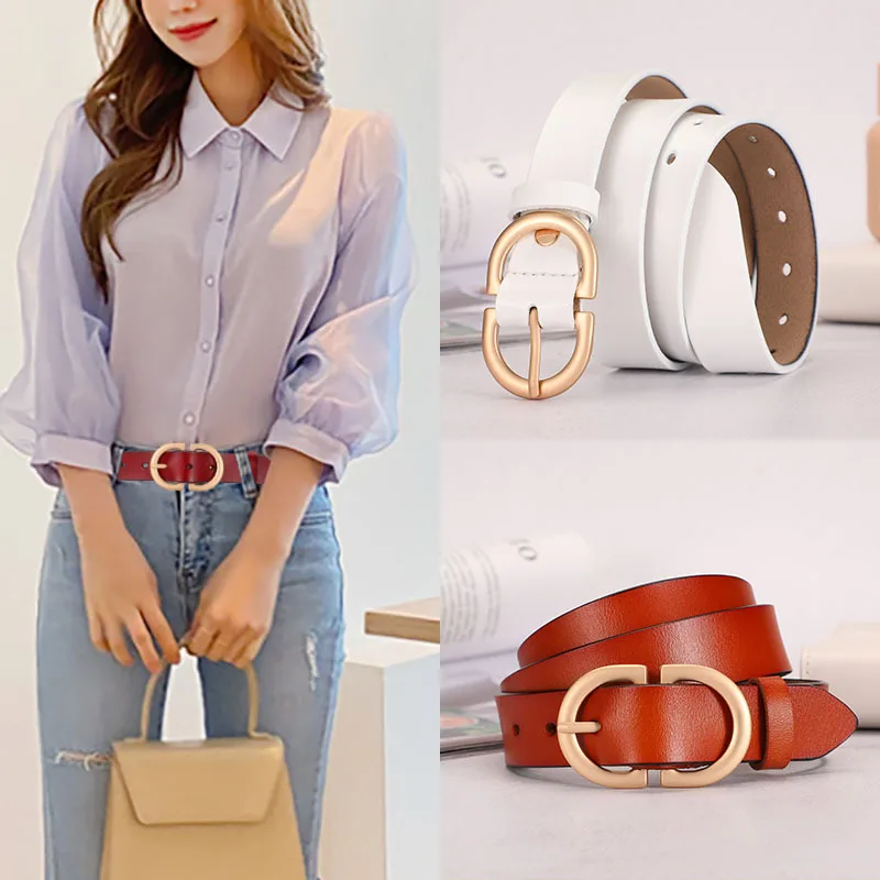 High End Genuine Leather Women's New Gold Buckle Cowhide Belt Decoration Jeans Casual Pants Fashion Metal Needle Buckle