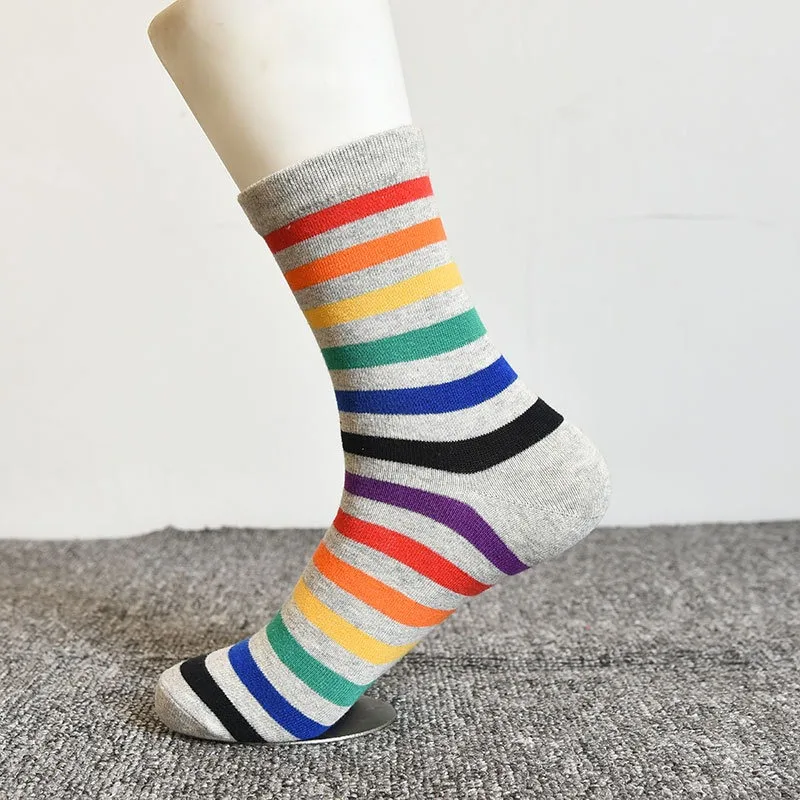 Unisex Rainbow Stripe Cotton Socks - Fashionable Spring/Autumn Set (3 Pairs)