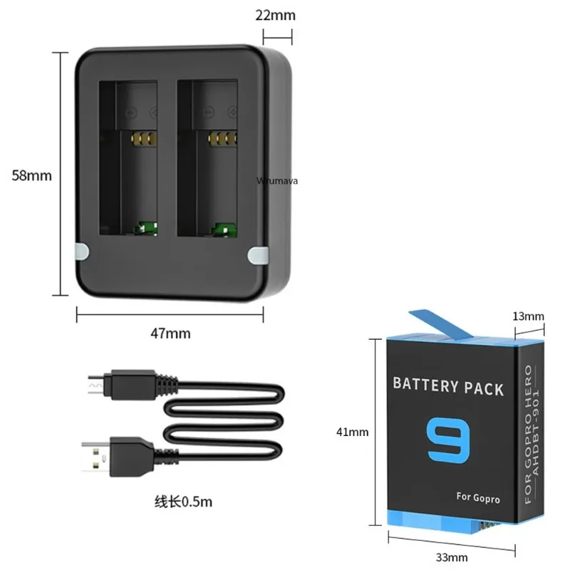 Chargeur double batterie GoPro Hero 12/11/10/9 avec câble USB