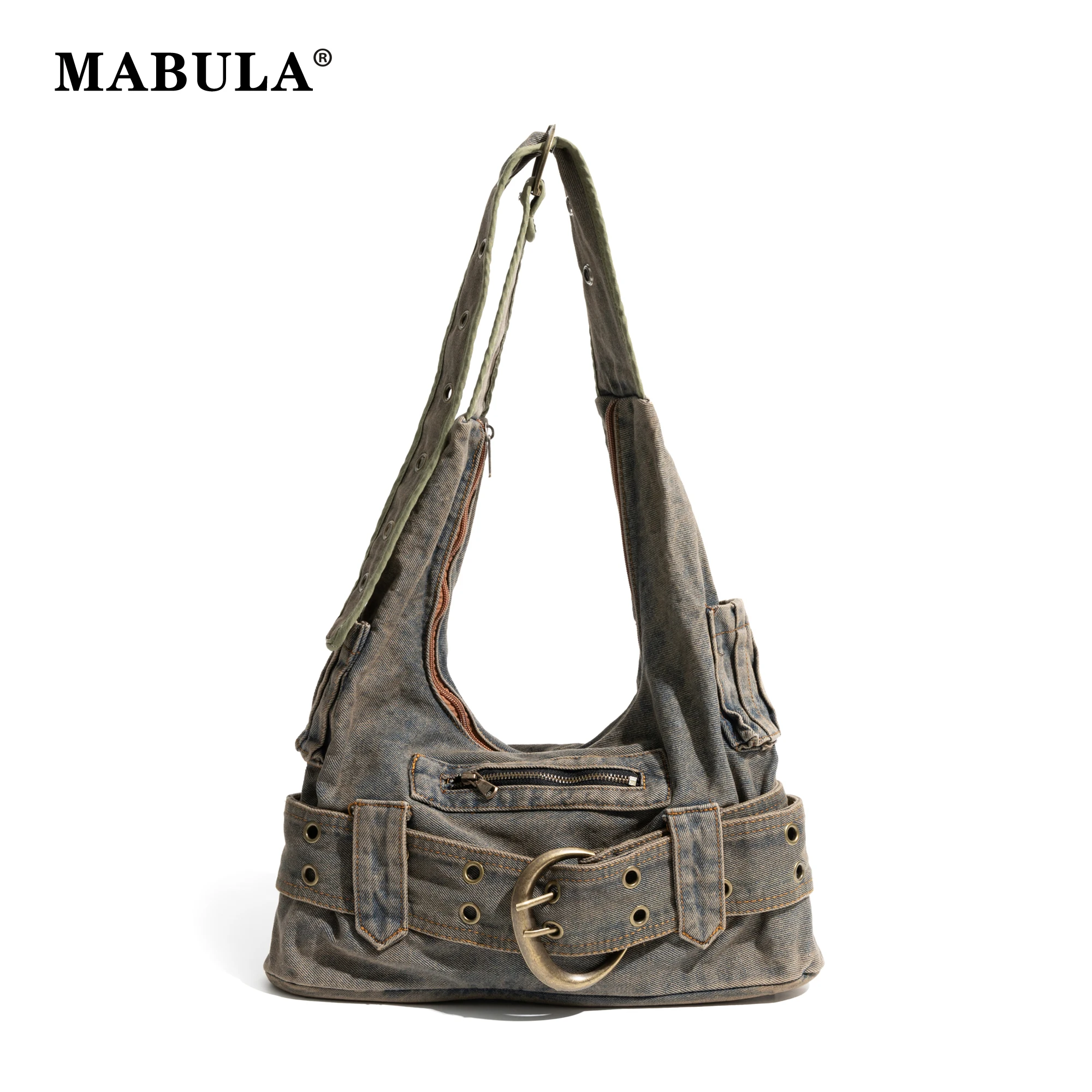 

MABULA Retro Denim Y2K Shoulder Bag Vintage Aesthetic Rock Single Hobo Purse Women Canvas Shopper Handbag