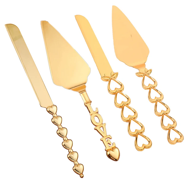 2Pcs/set Heart Shape Handle Cake Cutter Gold Cake Shovel Knife Party Cooking Baking Cake Divider
