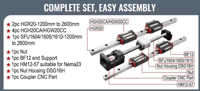 2 Stück HGR20 Linearführungen + 4 Stück HGH20CA HGW20CC Blöcke Wagen + 1 Set Kugelumlaufspindelsatz SFU1605 / SFU1604 / SFU1610 für CNC-Teil – Detail 4
