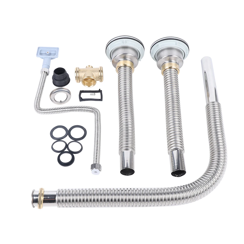 Silver Double Bowl Kitchen Sink Pipe Fitting Plumbing Drain Kit Replace Part Stainless Sink Pipe Plumbing Replacement