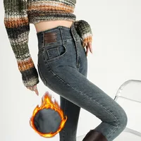 High Waist New Women's Fleece Jeans Winter Warm Thermal Slim Blue Black Fashionable Casual Velvet Elastic Pencil Denim Trousers