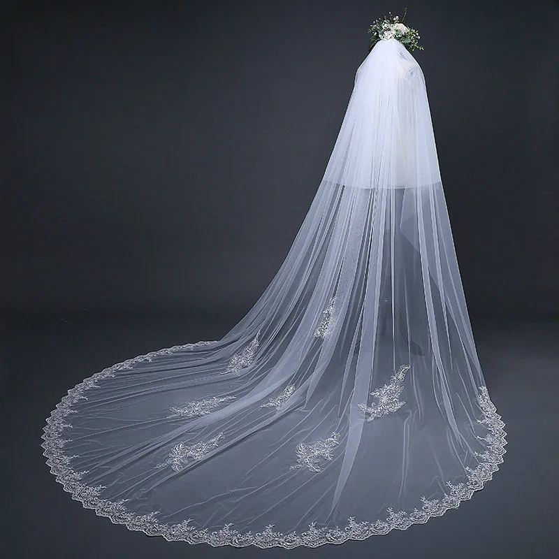 Real Photos Two Layer 3 Meters Long Lace Wedding Veil with Comb Voile De Mariee Bridal Veil Veu De Noiva Wedding Accessories