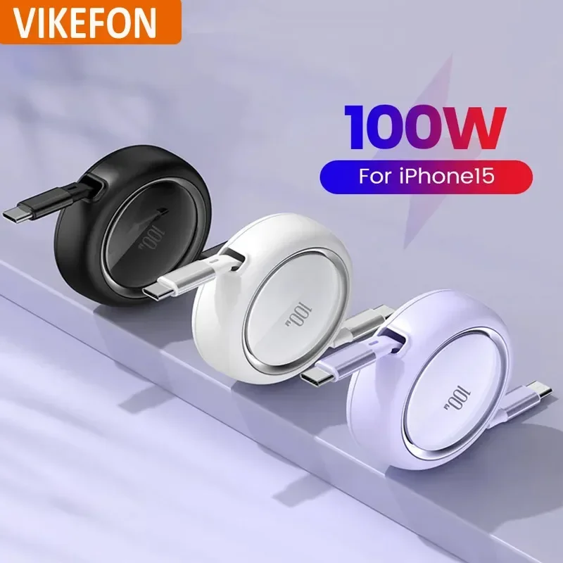 VIKEFON PD 100W Retractable Type C to USB C Fast Charge Data Cable For iPhone 15 Pro Max MacBook Samsung Xiaomi USB To Cable