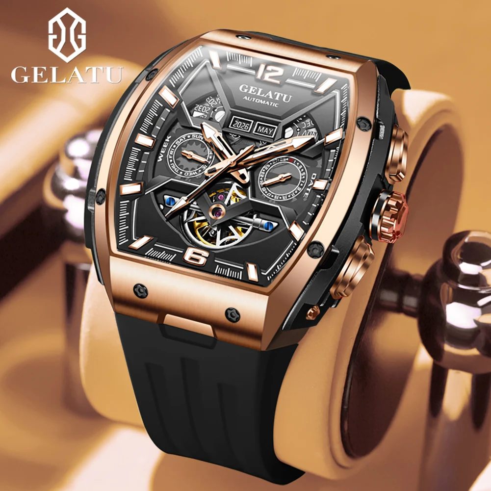 

GELATU Automatic Watch For Men Original Skeleton High Quality Waterproof Sport Watches Week Date Display Mechanical Wristwatches