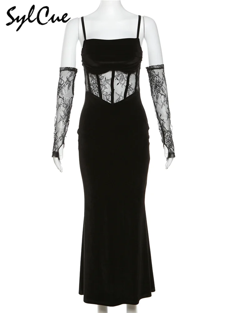 Elegant Lace Sling Dress with Sleeves - Winter Formal Party Dress