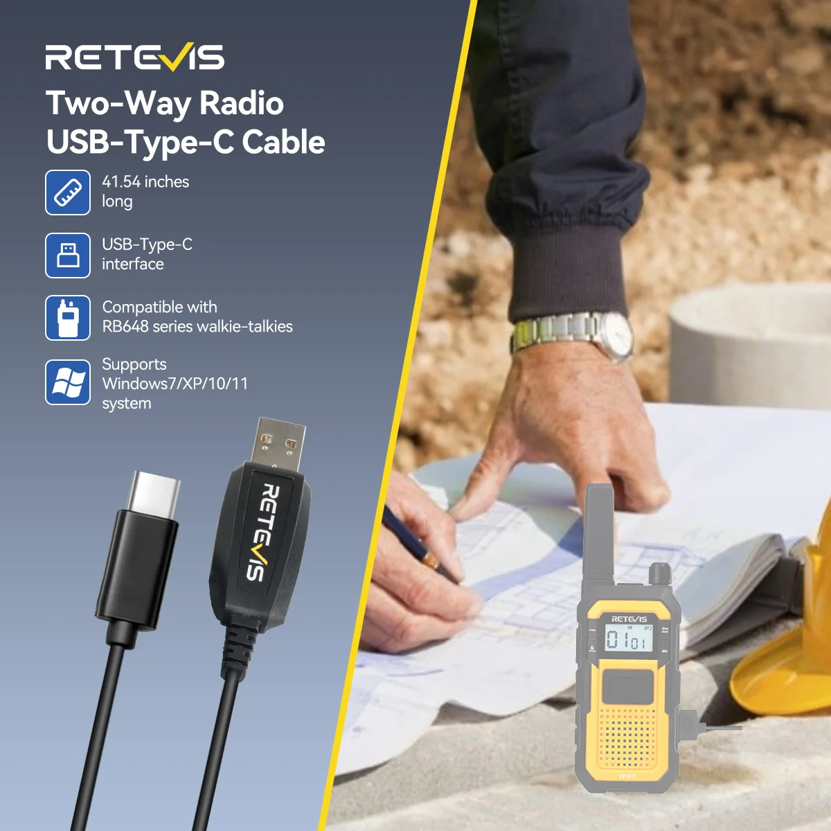 PC48 RB48 Walkie Talkie USB Programming Cable Type-C Supports Windows7/XP/10/11