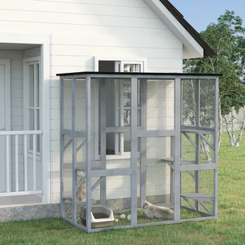 PawHut Wooden Cat House with Platforms, Cat Cage for Multiple Kittens