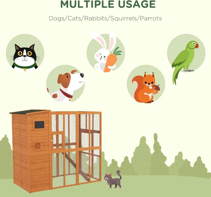 Outdoor Catio Cat House Wooden Feral Cat Shelter Cage with Platforms Waterproof Asphalt Roof Ramps 77" L Natural