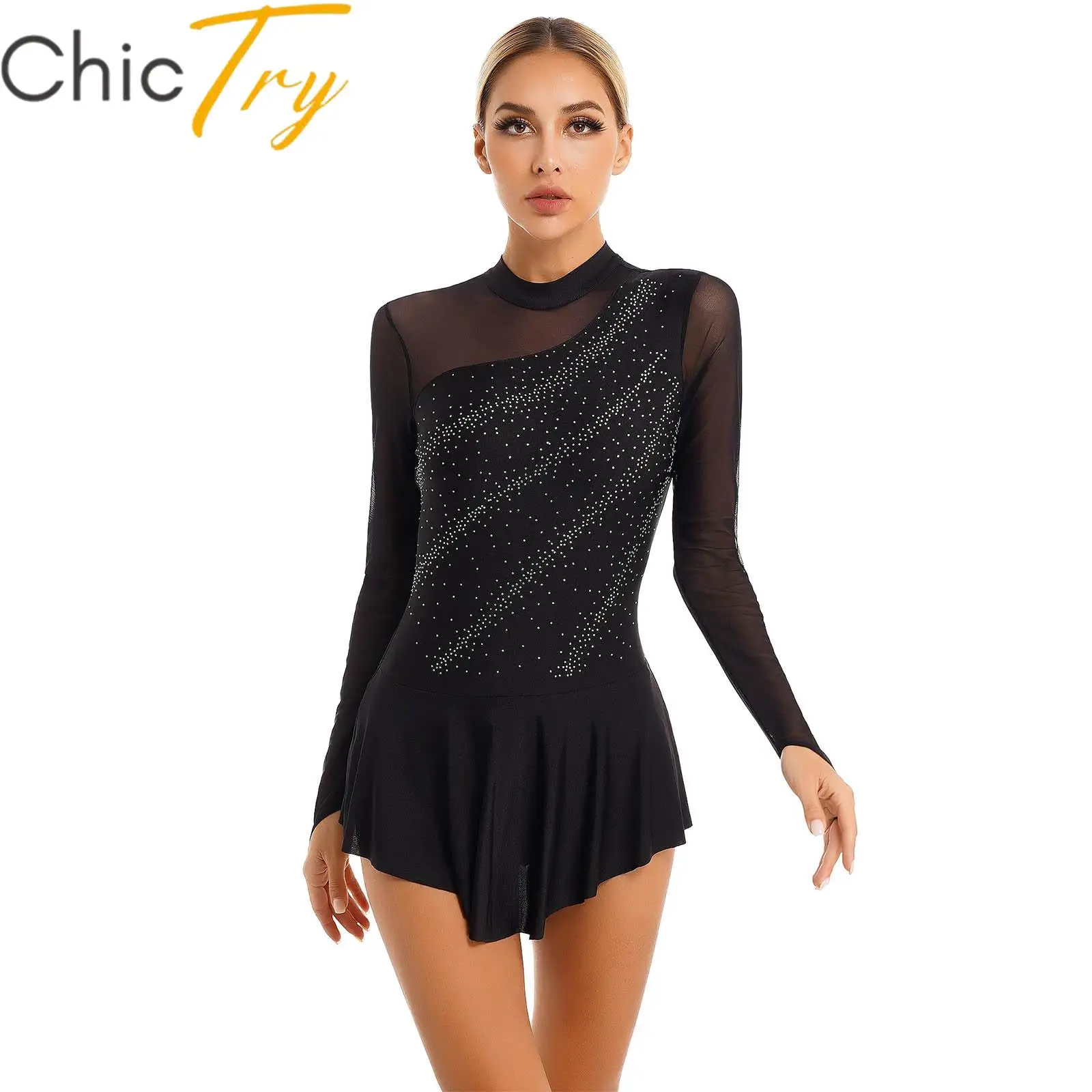 Abito Da Pattinaggio Su Ghiaccio Con Strass – Senza Maniche, In Rete Trasparente, Body Integrato, Per Danza Lirica E Contemporanea